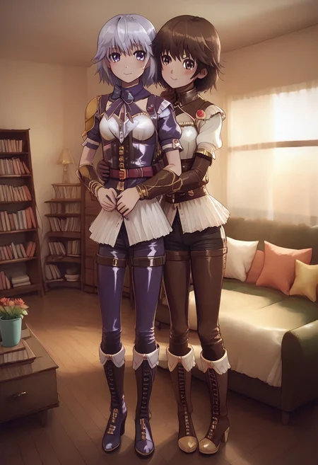 Latex, (2girls:2), multiple girls, (mgrchozumishizuku and 4mb3r), living room, window, score_9, score_8_up, score_7_up, rating_safe, woman duo, sitting, hugging, sunset background, detailed lighting, fully dressed, (latex clothes:2) hamafugustyle, (mgrchozumishizuku, purple hair, purple eyes, purple scarf with bow, purple jacket, white blouse, red belt, purple pants, brown arm guards), BREAK, (4mb3r, brown hair, short hair, brown eyes, dark skinned female, bracelet, jewelry, armor, shoulder armor, pants, boots, brown blouse).