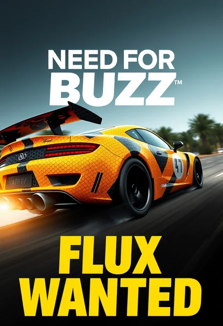 precise text, UHD, detailed,  Video game poster called "Need For Buzz"  style of racing game, Black and Yellow bee texture car from side view, Warm grey filter text under the title "FLUX WANTED"