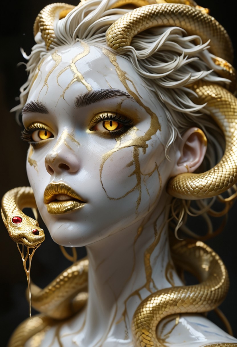 score_9, score_8_up, score_7_up, score_6_up, alternative punk girl with gold snake hair, Sculpt, sculpture style,marble skin,colored gold sclera,glowing,