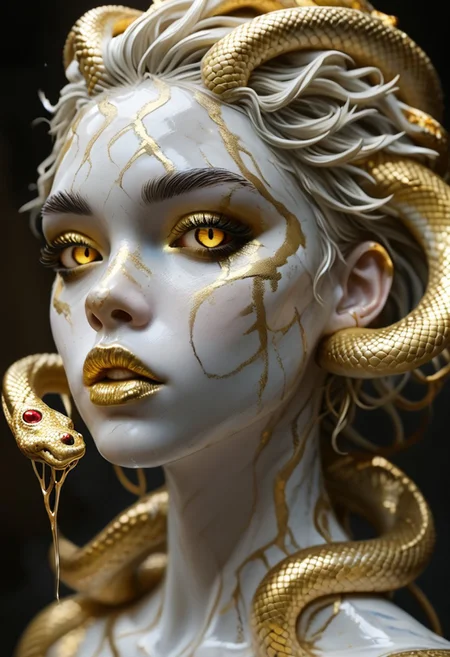 score_9, score_8_up, score_7_up, score_6_up, alternative punk girl with gold snake hair, Sculpt, sculpture style,marble skin,colored gold sclera,glowing,