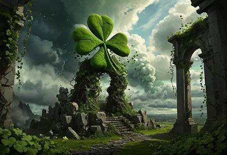 Detailed digital painting, St. Patrick, staff raised, mythical Irish landscape, monstrous kaiju clover, vines lashing out, crumbling stone ruins, dramatic lighting, volumetric clouds, cinematic composition