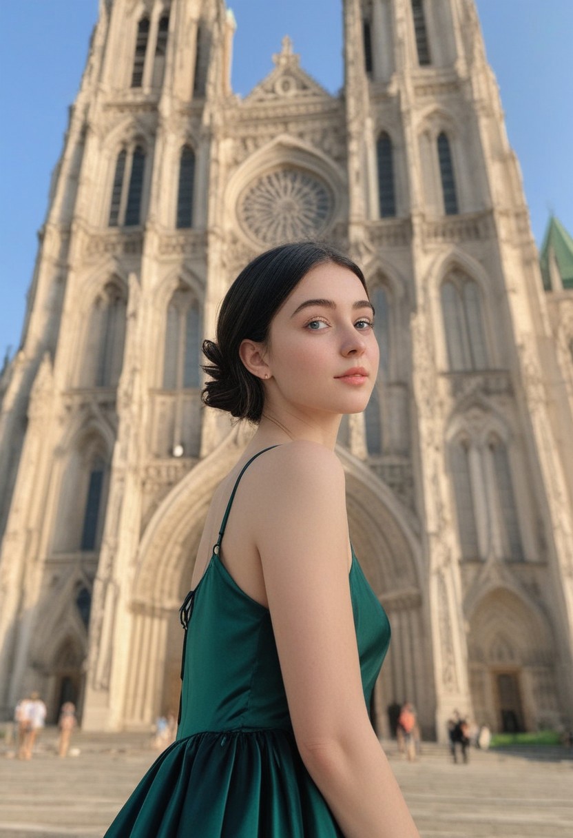 18yo girl posing for pic in front of tall bright cathedral. Wedding event background.
Blue eyes. small perfecteyes 
Wearing a satin green sundress and a large straw hat
no makeup. Clear skin.  realistic skin style
Long dark black slick back hair. No makeup. Cheerful morning , bright sun light. Looking at camera POV. Slight smile, tilting head.. Tilt head.
full shot. Bokeh. Bokeh light.