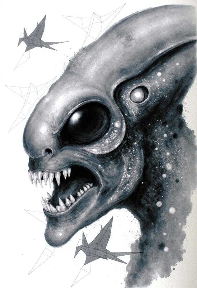 <lora:Acrobatic_Maneuvers_Style_FLUX-000015:0.9> <
This image is a digital drawing that combines elements of surrealism and modern art. The central figure is a stylized, three-dimensional representation of the face of Xenomorph, with striking details rendered in various shades of grey and black.