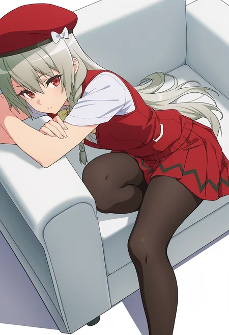 Smooth Quality,masterpiece,very intricate, high quality details, ultra realistic, high detailed skin,detailed enviorement,absurdres,
hand on own elbow ,
<lora:Ange_Maidena_CNR:0.8> ange_cnr, 1girl, grey hair, red eyes, long hair,
red_cnr,single braid, side braid,white shirt, red vest, school uniform, red skirt, pleated skirt,black pantyhose, beret, red hat,white bow, bowtie,, simple background, white background, dutch angle,
reclining, one leg over other, arm on backrest, calm, composed, ,, 0w0,