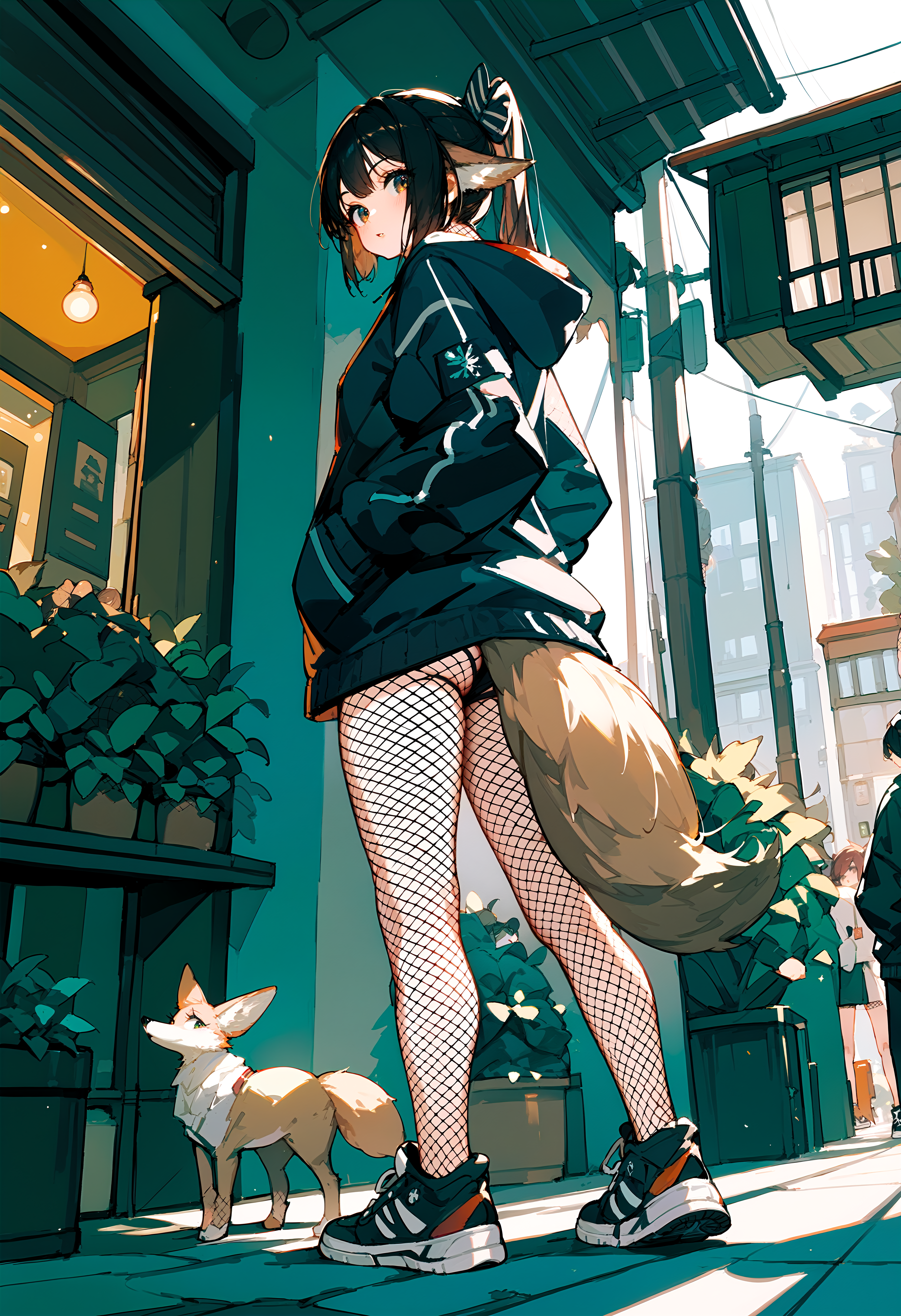 (score_9, score_8_up, score_7_up), 1girl, perfumer, hoodie, hands in pockets, fishnet thighhighs, sneakers, fox tail, looking back, <lora:perfumer-akPO-v1c-000008:0.8>