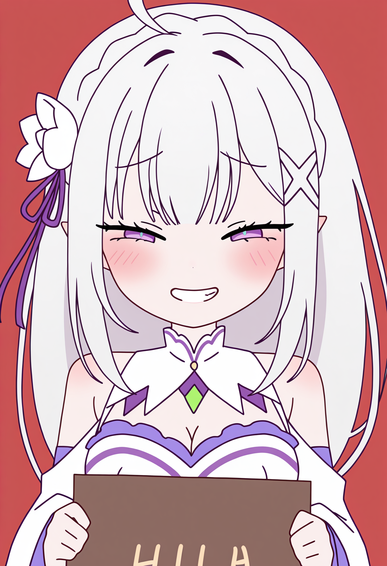 masterpiece, best quality, high resolution, source_anime, highly detailed illustration, detailed eyes,  
very aesthetic, absurdres, newest, amazing quality, 
<lora:shiRabbitHoleStyleConceptV1ill:1>,shirbtlestyle, shisignhold, holding sign, 1girl, solo, blush, smile, shirt, holding,
half-closed eyes, straight-on, open mouth, simple background, red background, 
 ahoge, facing viewer, meme, grin, upper body, 
<lora:shiEmiliaV12ill:0.8> shimilia, long hair, grey hair, pointy ears, crown braid, hair flower, hair ribbon, purple ribbon, x hair ornament, white dress, cleavage, bare shoulders, wide sleeves,