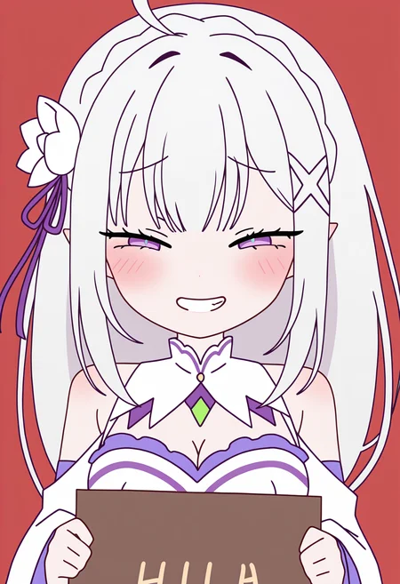 masterpiece, best quality, high resolution, source_anime, highly detailed illustration, detailed eyes,
very aesthetic, absurdres, newest, amazing quality,
<lora:shiRabbitHoleStyleConceptV1ill:1>,shirbtlestyle, shisignhold, holding sign, 1girl, solo, blush, smile, shirt, holding,
half-closed eyes, straight-on, open mouth, simple background, red background,
ahoge, facing viewer, meme, grin, upper body,
<lora:shiEmiliaV12ill:0.8> shimilia, long hair, grey hair, pointy ears, crown braid, hair flower, hair ribbon, purple ribbon, x hair ornament, white dress, cleavage, bare shoulders, wide sleeves,