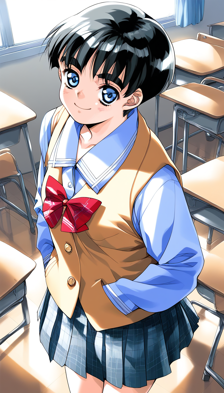 score_9, score_8_up, score_7_up, source_anime, rating_explicit, BREAK <lora:Shinohara_Izumi_XL:1>Shinohara_Izumi, black hair, blue eyes, short hair, bangs, small breasts, 
1girl, solo, hands in pockets, plaid, indoors, smile, looking at viewer, red bow, school uniform, chair, long sleeves, bag, skirt, plaid skirt, vest