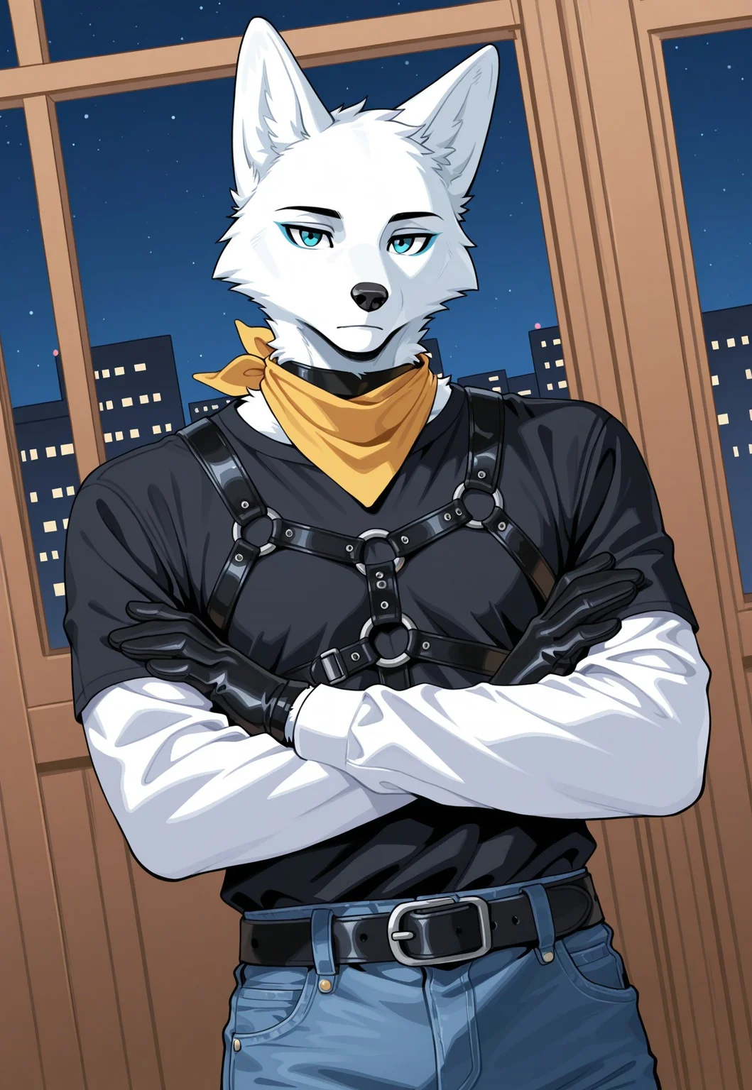 anthro, canine, male, furry, white fox, anthro, athletic, detailed eyes, (((cyan eyes))), cyan eyeliner, male, mammal, (((black shirt with white long sleeves))), (blue jeans), belt, (black leather gloves), black harness, yellow bandanna on neck, solo, ((night time)), bedroom background, looking at viewer, (((close up on face))), standing, arms crossed, (((half-body portrait))), (((emotionless))), (((expressionless))), blank face, no humans,(((front view))), right angle, dynamic angle, detailed face, perfect face