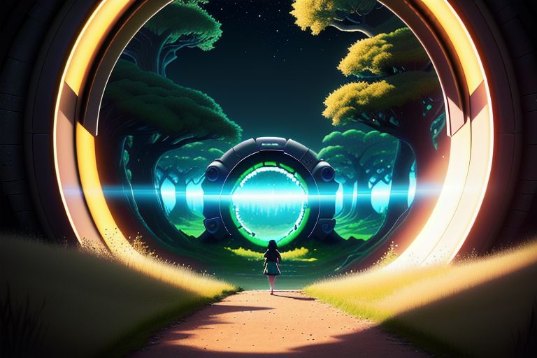 (masterpiece, best quality), (1girl in front:1.2), walking through a portal, (scifi city street from window:1.2), scifi armor, white hair, long ponytail, glowing portal, grass, moss, open door, light rays, trees, night sky, dark shadows, dark background, uhd, photo, realistic