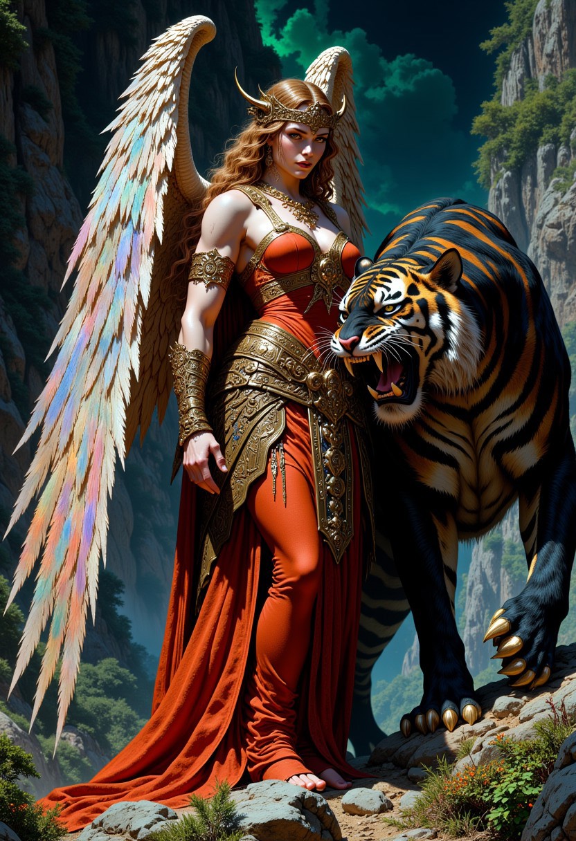score_9, score_8_up, score_7_up, boris vallejo style, frank frazetta style, 8k high quality digital painting, masterpiece, very detailed, ultra realistic, (best quality) very detailed epic masterpiece, detailed face, we see an unearthly beautiful goddess with iridescent wings and a red and gold outfit, she stands in a glass world, next to her stands a black tiger with golden stripes, the tiger has turned its head to the side and is roaring, big teeth, full body, breathtaking landscape in the background, realistic, realism,