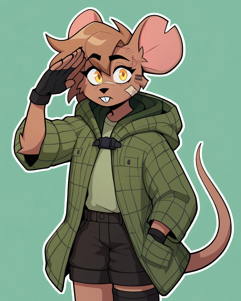 score_9_up, score_8_up, score_7_up, score_6_up, by remanedur, female, half-length portrait, mouse, yellow eyes, facial scar,  bandaid on face, notched ear,  face paint, brown hair, tail, brown fur, black shorts, green jacket, buckteeth, single thighhigh, fingerless gloves, cargo shorts, (salute), looking at viewer, green hoodie, solo, three-quarter view, simple background, white outline <lora:Leah_Pines(AIM)_XL_v1:0.15> <lora:PDXL_artist_tags_v2_big:0.5> <lora:The-Minuscule-Task_PDXL_v1.0:0.6>  <lora:Leah_Pines_v2_WirelessShiba:0.7>