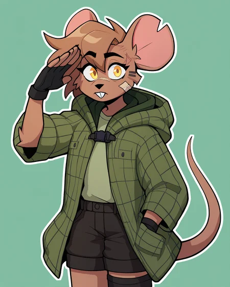 score_9_up, score_8_up, score_7_up, score_6_up, by remanedur, female, half-length portrait, mouse, yellow eyes, facial scar, bandaid on face, notched ear, face paint, brown hair, tail, brown fur, black shorts, green jacket, buckteeth, single thighhigh, fingerless gloves, cargo shorts, (salute), looking at viewer, green hoodie, solo, three-quarter view, simple background, white outline <lora:Leah_Pines(AIM)_XL_v1:0.15> <lora:PDXL_artist_tags_v2_big:0.5> <lora:The-Minuscule-Task_PDXL_v1.0:0.6> <lora:Leah_Pines_v2_WirelessShiba:0.7>