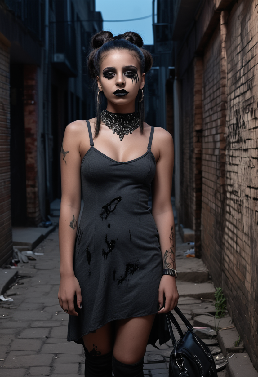 (medium full shot) of (haunting emo girl) young woman, busty build, long dark bun hair, south african, dark skin, light brown eyes, wearing a charcoal asymmetric dress with dark patterns , creepers, black lipstick, smoky eyeshadow, heavy eyeliner, choker necklace carrying a studded handbag, set in  a mysterious alley, with shadowy figures, eerie silence, cracked pavement, and urban decay, at night, woman smiling, detailed face, ,Masterpiece,best quality, raw photo, realistic, very aesthetic