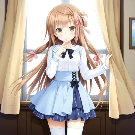 <lora:Mashiro_Yuka_1_nai-000041:1>,Mashiro Yuka,braid,hair ribbon,pink ribbon,hair flower,pink flower,
official outfit,white thighhighs,long sleeves,white shirt,blue skirt,miniskirt,high-waist skirt,layered skirt,black bow,black bowtie,
BREAK
1girl,solo,smile,window,standing,curtains,curtain grab,looking at viewer,front view,cowboy_shot,finger to mouth,