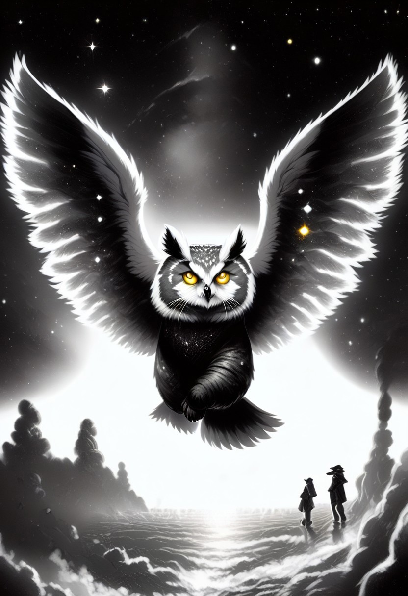 Score_9, Score_8_up, Score_7_up, lora:Navi_Celestial_Skin_PonyXL:1.1 nv-celestialskin, redpandafolk, rabbitfolk, owlfolk, foxfolk, sketch, monochrome, greyscale, YR_GradLight, 0u73r5p4c3, space, planet, nebula, galaxy, asteroid, GalaxyTelepurteSDXL, StarrySkies, scenery, stars (sky), background, night sky, vibrant colored skin, void cosmic body, deep black skin, ethereal silhouette, nebula patterns, animal theme focus, majestic owl