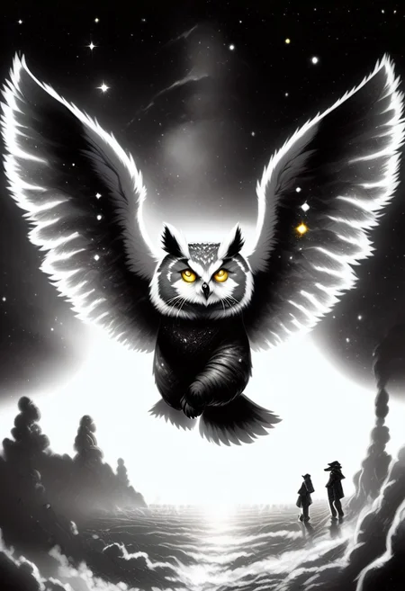 Score_9, Score_8_up, Score_7_up, lora:Navi_Celestial_Skin_PonyXL:1.1 nv-celestialskin, redpandafolk, rabbitfolk, owlfolk, foxfolk, sketch, monochrome, greyscale, YR_GradLight, 0u73r5p4c3, space, planet, nebula, galaxy, asteroid, GalaxyTelepurteSDXL, StarrySkies, scenery, stars (sky), background, night sky, vibrant colored skin, void cosmic body, deep black skin, ethereal silhouette, nebula patterns, animal theme focus, majestic owl