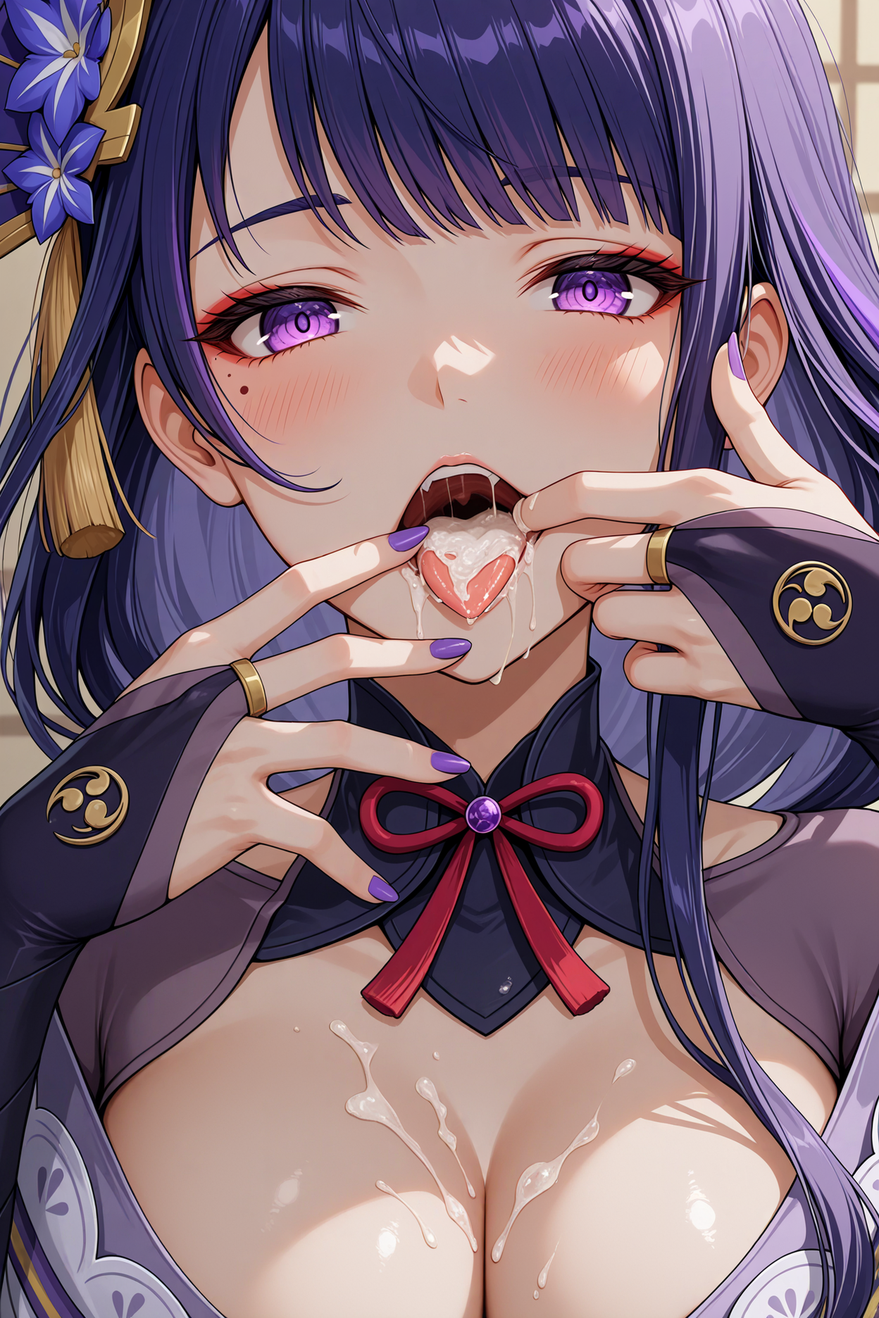 1girl, raiden shogun, portrait, finger in mouth, purple nails, cum in mouth, seductive, masterpiece, best quality