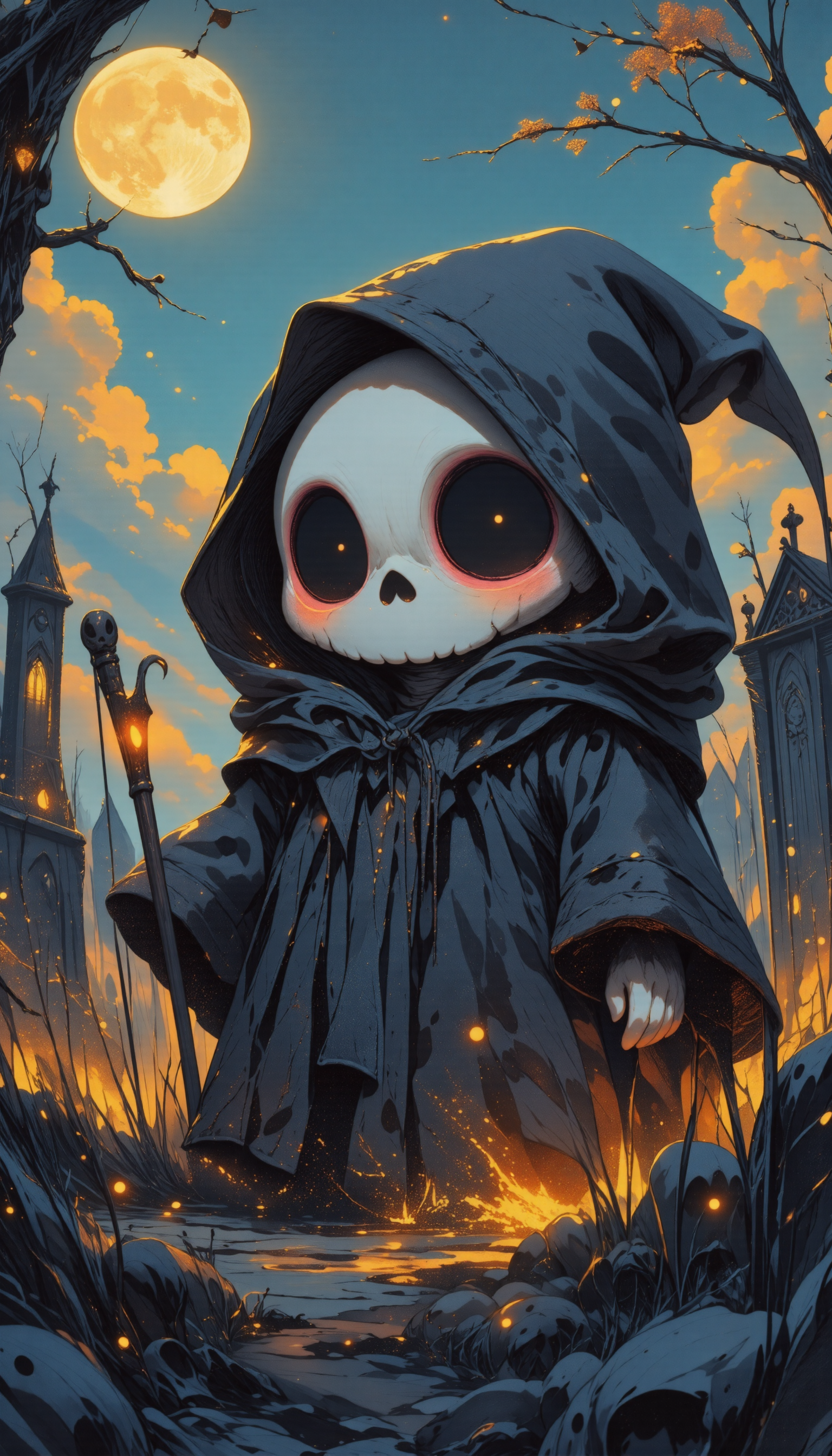 (art by Ava DuVernay:1.2) , vibrant Thermograph of a majestic, landscape of a Mustard Yellow and Charcoal (midjourney_whisper, the image portrays a whimsical plush toy personifying the grim reaper, bathed in the ethereal glow of a moonlit cemetery. dominated by a spooky dark gray hue, this stuffed entity radiates an eerie allure, contradicted by its fluffy and cuddly texture. its face, a playful white skull, is accentuated with oversized innocent black eyes, framed by a playful pink outline. the addition of subtle blush to its cheeks lends a touch of endearing whimsy to its design. draped in a mysterious dark gray hood, the figure is further enhanced by a fluffy trim, augmenting its spooky charm. clutched in its hand is the iconic scythe of the reaper, encapsulating the enigmatic and captivating essence of the artwork.:1.3) in the distance there is a Playhouse, crowded pond and lake, Stars in the sky, socially conscious, empowering, impactful, behance, Hardcore Art, panorama, anaglyph effect, fluorescent orange background, sloppy strokes, 8K, Pixabay