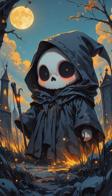 (art by Ava DuVernay:1.2) , vibrant Thermograph of a majestic, landscape of a Mustard Yellow and Charcoal (midjourney_whisper, the image portrays a whimsical plush toy personifying the grim reaper, bathed in the ethereal glow of a moonlit cemetery. dominated by a spooky dark gray hue, this stuffed entity radiates an eerie allure, contradicted by its fluffy and cuddly texture. its face, a playful white skull, is accentuated with oversized innocent black eyes, framed by a playful pink outline. the addition of subtle blush to its cheeks lends a touch of endearing whimsy to its design. draped in a mysterious dark gray hood, the figure is further enhanced by a fluffy trim, augmenting its spooky charm. clutched in its hand is the iconic scythe of the reaper, encapsulating the enigmatic and captivating essence of the artwork.:1.3) in the distance there is a Playhouse, crowded pond and lake, Stars in the sky, socially conscious, empowering, impactful, behance, Hardcore Art, panorama, anaglyph effect, fluorescent orange background, sloppy strokes, 8K, Pixabay