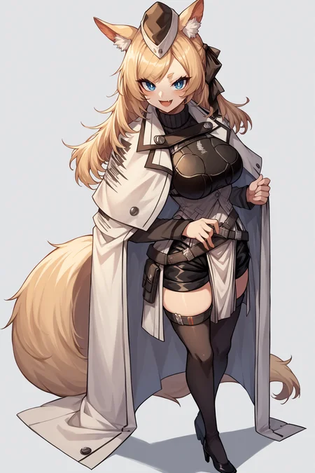 score_9, score_8_up, score_7_up, , rating_general,1girl ,wssd, animal ears, tail, hair ribbon, garrison cap, ribbed sweater, long sleeves, breastplate, white cape, pouch belt, black shorts, pelvic curtain, black thighhighs, high heels, source_anime, smile, :3,  skin fang, open mouth, naughty face, <lora:WhislashPDCAMEv2L AK-000006:1>,