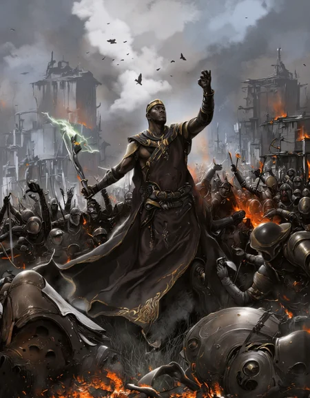 Art by Alejandro Burdisio. A dramatic digital illustration shoot from a front camera angle about a powerful figure standing amidst a chaotic battlefield with soldiers in the background. the image also shows a dark, ominous atmosphere. on the center of the image, a muscular, dark-skinned man, who appears to be in his mid-twenties, stands confidently with his arms raised in triumph, wearing a long, dark cloak with intricate gold embroidery and a golden crown on his head. he is holding a glowing staff in his right hand, and his left hand is raised in a gesture of triumph. the man is surrounded by a large group of soldiers in full armor, some of whom are holding swords and shields, while others are looking up at him. the scene is set against a backdrop of a post-apocalyptic cityscape with crumbling buildings and a cloudy sky, with a few birds flying in the distance. the overall color palette is dark and moody, with dramatic lighting that highlights the man's figure and the soldiers.