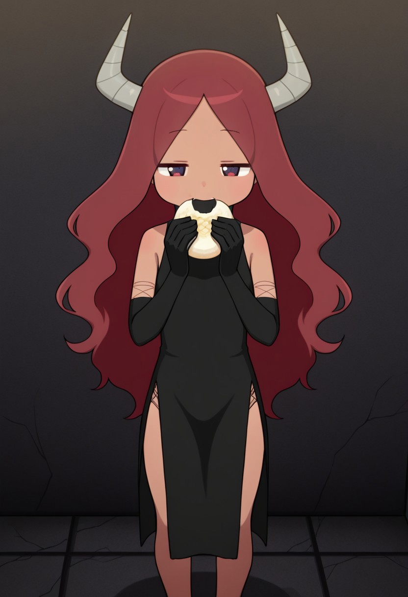 masterpiece, best quality, 32k, high resolution, absurdres, maou, turtleneck, portrait, eating, standing, barefoot, half-closed eyes, holding, straight-on, broken horn, elbow gloves
