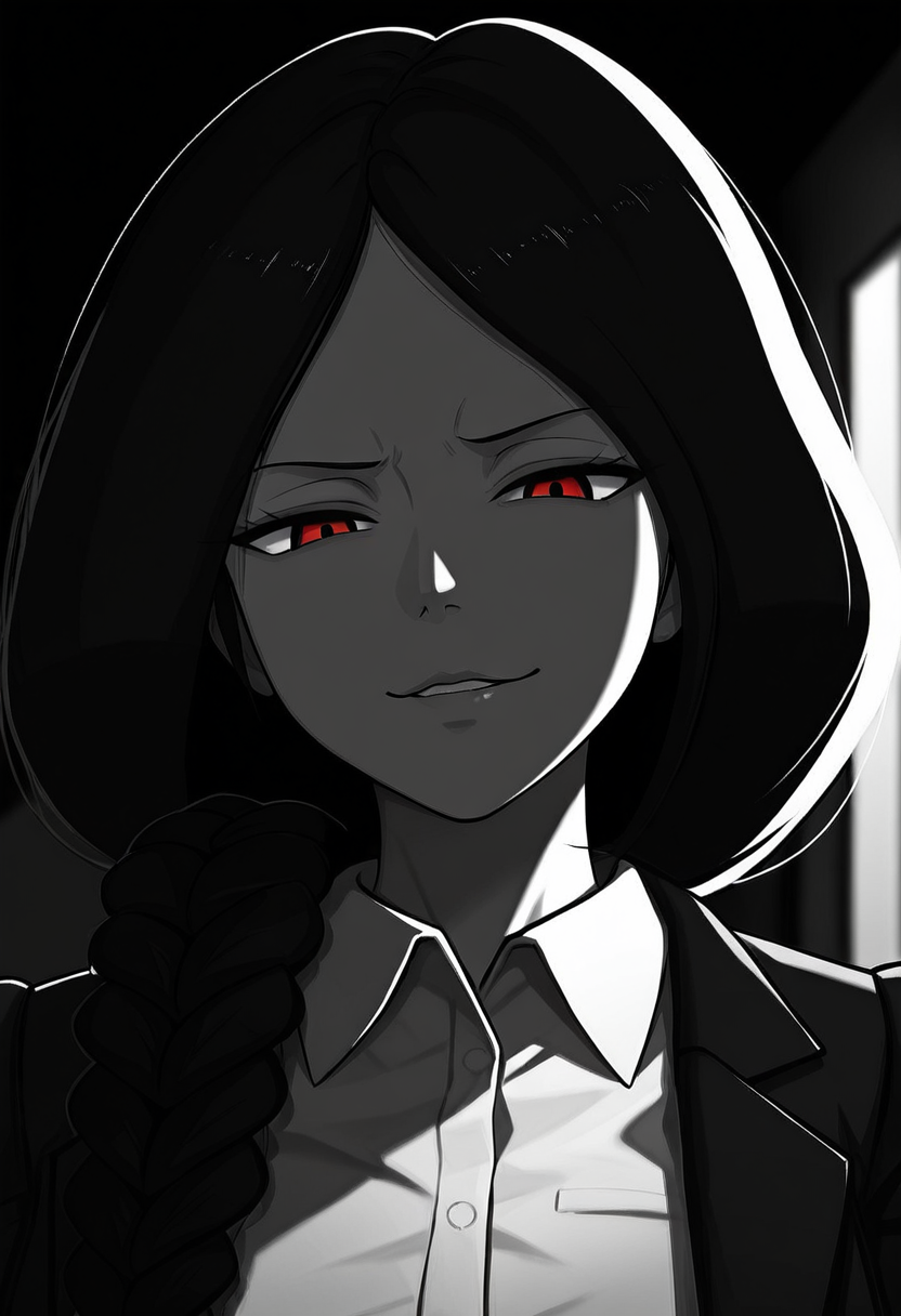 masterpiece, high quality, best quality, dramatic lighting, t4b00, 1girl, solo, monochrome, greyscale, black hair, long hair, braid, hair over shoulder, open jacket, white collared shirt, portrait, red eyes, looking at viewer, smug, parted lips, dark, head down, stare,