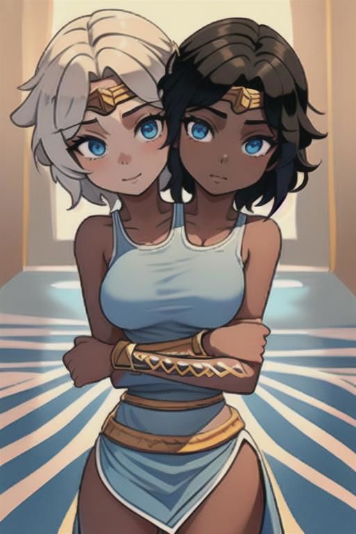 masterpiece, best quality, shorthair, black, darkskinnedfemale, <lora:conjoined_dicephalus:1>, (conjoined_twins, hugging, two heads:1.5), 1girl, masterpiece, best quality, peplos, greek clothes, blue eyes, dark skin, bare shoulders, earrings, flat chest, jewelry, solo, smile, bedroom <lora:WonderWoman:1.5> (from behind:1.5), back, looking down,hugging