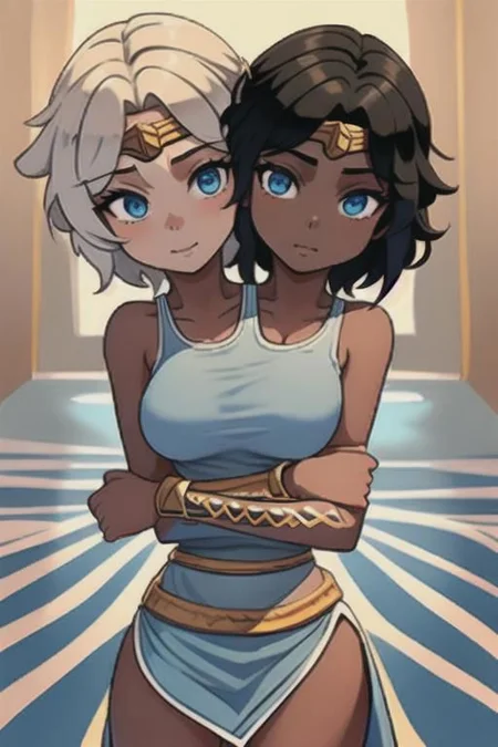masterpiece, best quality, shorthair, black, darkskinnedfemale, <lora:conjoined_dicephalus:1>, (conjoined_twins, hugging, two heads:1.5), 1girl, masterpiece, best quality, peplos, greek clothes, blue eyes, dark skin, bare shoulders, earrings, flat chest, jewelry, solo, smile, bedroom <lora:WonderWoman:1.5> (from behind:1.5), back, looking down,hugging