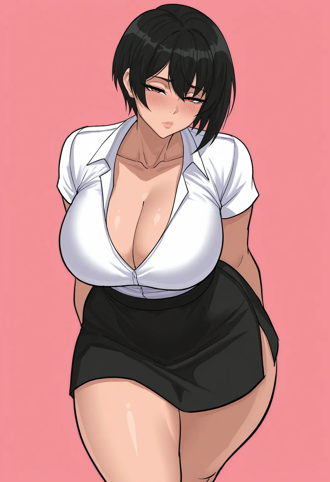 masterpiece, best quality, uncensored,
<lora:cyberboi:1> c1b3rb01, 1girl, solo,standing,looking at viewer, half-closed eyes, blush,black hair, short hair,white shirt, short sleeves, cleavage,black skirt,pink background, simple background,