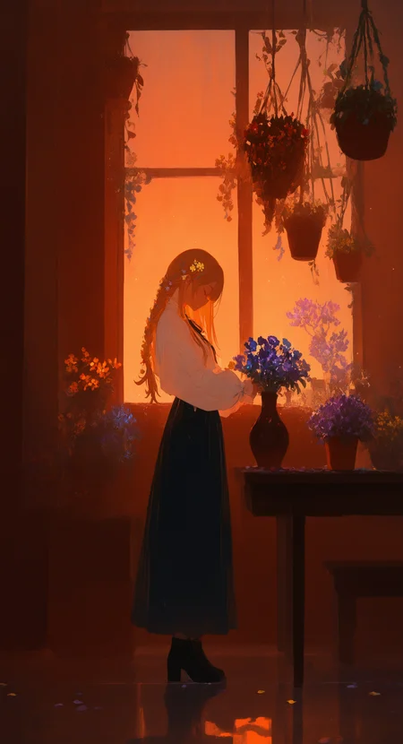 masterpiece, best quality, good quality, very awa, newest, highres, absurdres, 1girl, solo, long hair, shirt, skirt, blonde hair, long sleeves, hair ornament, holding, ribbon, closed mouth, standing, white shirt, full body, closed eyes, braid, flower, indoors, hair flower, black footwear, from side, blue skirt, petals, window, profile, leaf, looking down, table, white flower, sunlight, plant, red flower, scenery, puffy long sleeves, light particles, blue flower, long skirt, yellow flower, purple flower, bouquet, potted plant, vase, evening, orange flower, flower pot, orange theme, reflective floor, hanging plant, limited palette, h4ra_illu <lora:illustriousXL_stabilizer_v1.23:0.3> <lora:NOOB_vp1_detailer_by_volnovik_v1:0.3> <lora:ponyv6_noobE11_2_adamW-000017:0.3> <lora:114558v4df2fsdf5:0.7> <lora:XXX667:0.4> <lora:mon_monmon2133:0.7> <lora:hara_id_21:0.6>