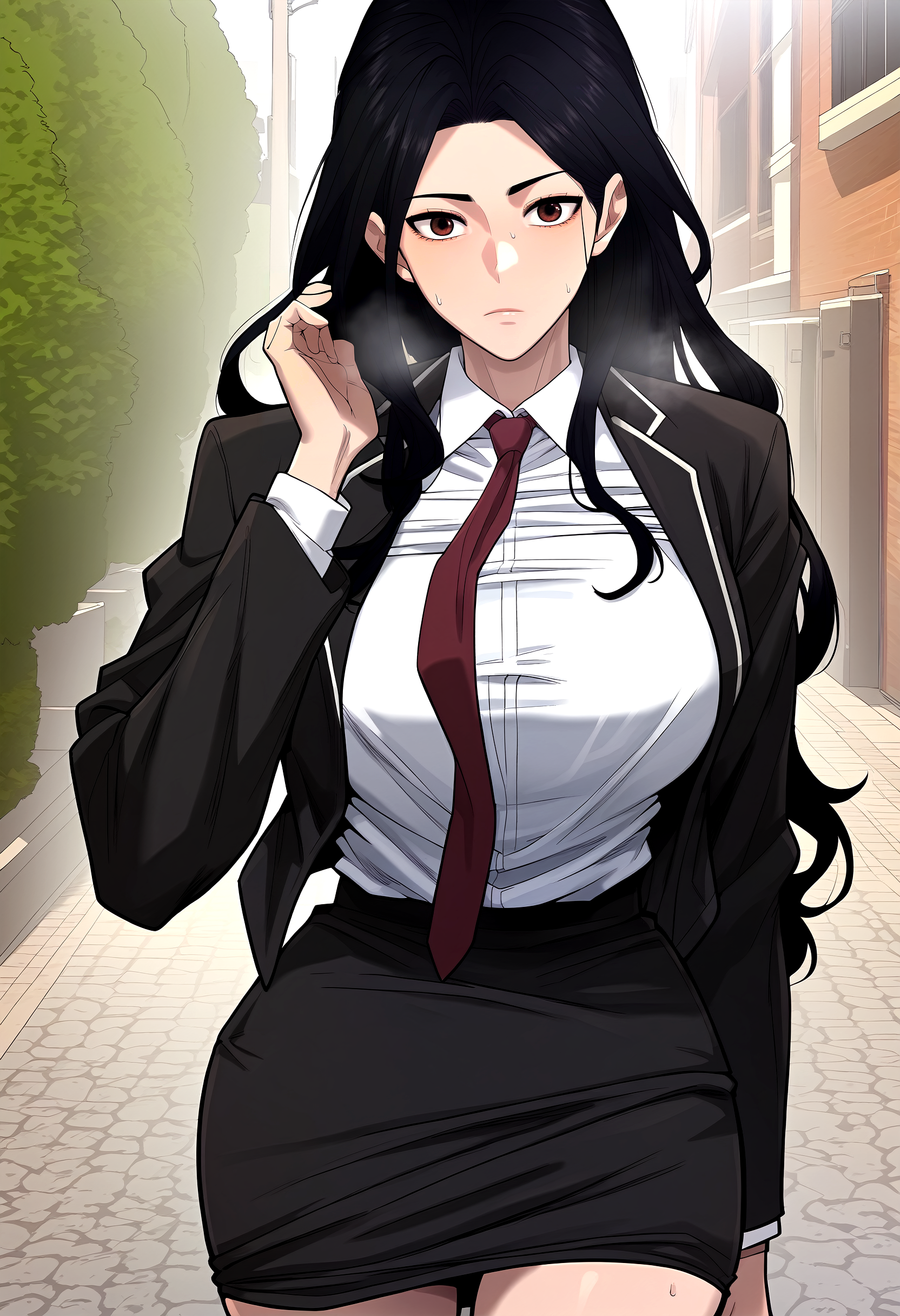 score_9, score_8_up, score_7_up, score_6_up, source_anime, rating_explicit, <lora:neg4all_bdsqlsz_V3.5:2.0>1girl, (solo:1.2), huge breasts, <lora:BaekChaerinponyxl:1> black hair, long hair, brown eyes, (forehead:0.8), long sleeves, school uniform, black jacket, pencil skirt, black skirt, white shirt, collared shirt, red necktie, expressionless, Narrow shoulders, sweat, heavy breathing, steaming body, street, outdoor, looking at viewer, standing, (front view:1.2)