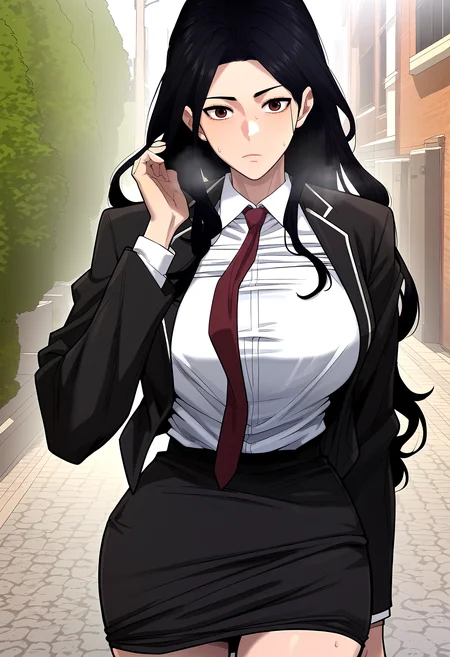 score_9, score_8_up, score_7_up, score_6_up, source_anime, rating_explicit, <lora:neg4all_bdsqlsz_V3.5:2.0>1girl, (solo:1.2), huge breasts, <lora:BaekChaerinponyxl:1> black hair, long hair, brown eyes, (forehead:0.8), long sleeves, school uniform, black jacket, pencil skirt, black skirt, white shirt, collared shirt, red necktie, expressionless, Narrow shoulders, sweat, heavy breathing, steaming body, street, outdoor, looking at viewer, standing, (front view:1.2)