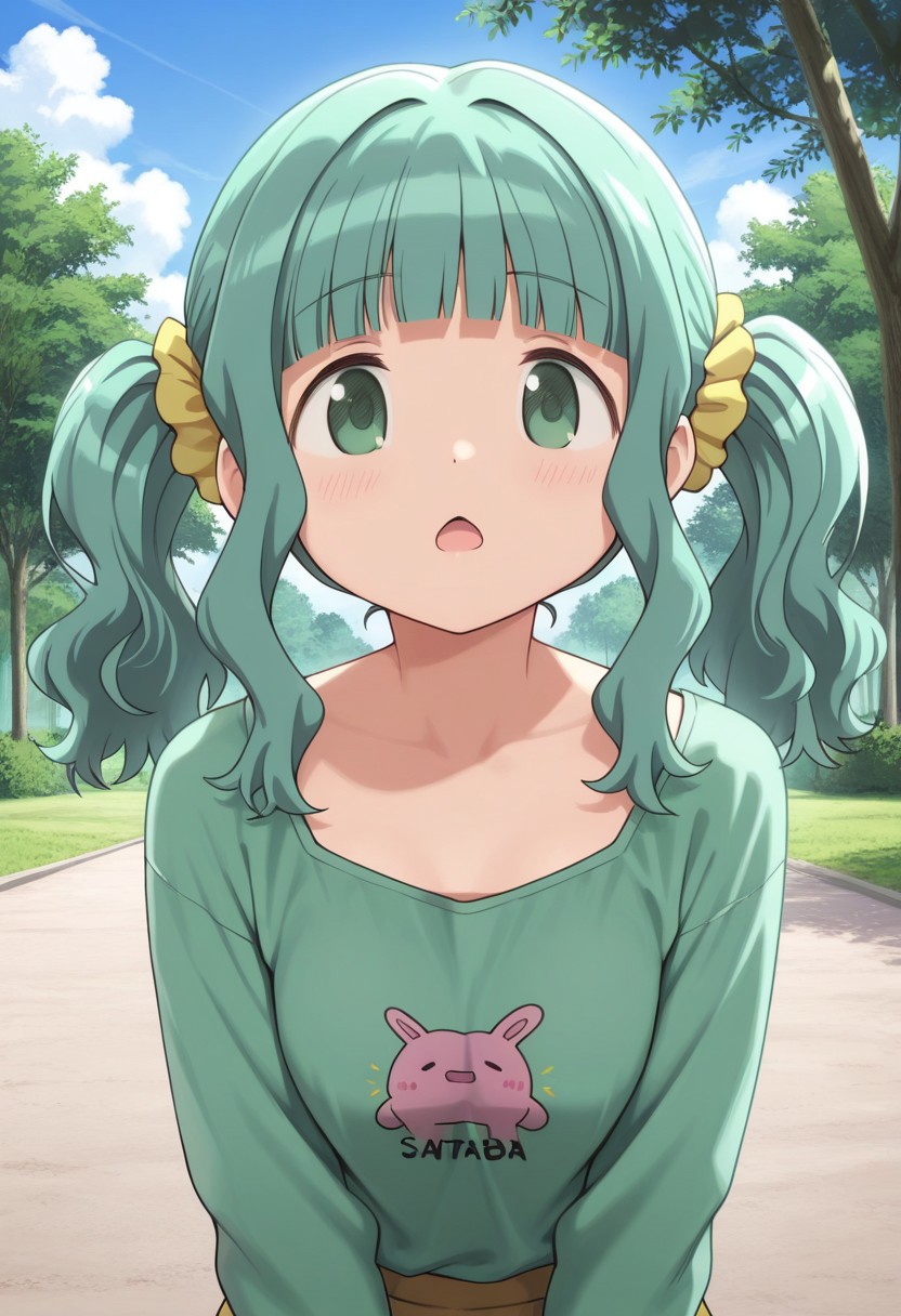 masterpiece,best quality,amazing quality, futaba sana, green hair, green eyes, twintails, dot nose, yellow scrunchie, open mouth, sky, tree, outdoors, cloud, scrunchie, looking at viewer, 1girl, solo, hair scrunchie, blunt bangs, day