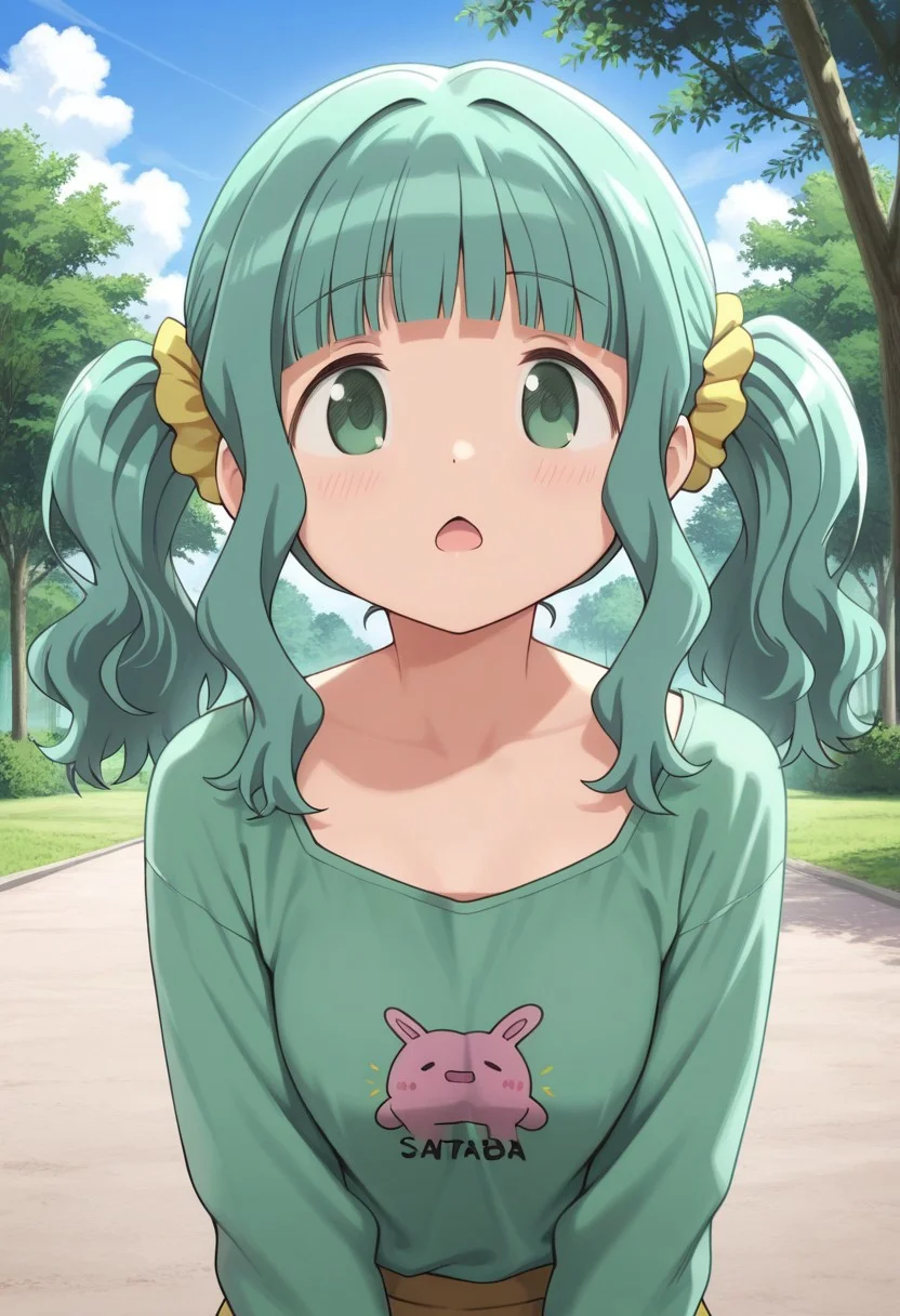 masterpiece,best quality,amazing quality, futaba sana, green hair, green eyes, twintails, dot nose, yellow scrunchie, open mouth, sky, tree, outdoors, cloud, scrunchie, looking at viewer, 1girl, solo, hair scrunchie, blunt bangs, day