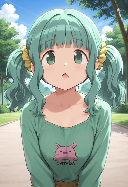 masterpiece,best quality,amazing quality, futaba sana, green hair, green eyes, twintails, dot nose, yellow scrunchie, open mouth, sky, tree, outdoors, cloud, scrunchie, looking at viewer, 1girl, solo, hair scrunchie, blunt bangs, day