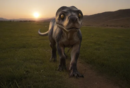 T-rex, realistic scales, detailed, irl, realistic image, photorealistic, bumpy skin, rough skin, tyrannosaurus, dinosaur, hyperrealistic, skin creases, wrinkles. Grass, dried out grass, walking, looking away from camera, realistic eyes, yellow eyes, walking, cracked ground, sunset, dead grass, desert, animal, walking, sharp teeth, sharp claws, 2 fingers, small arms, realism