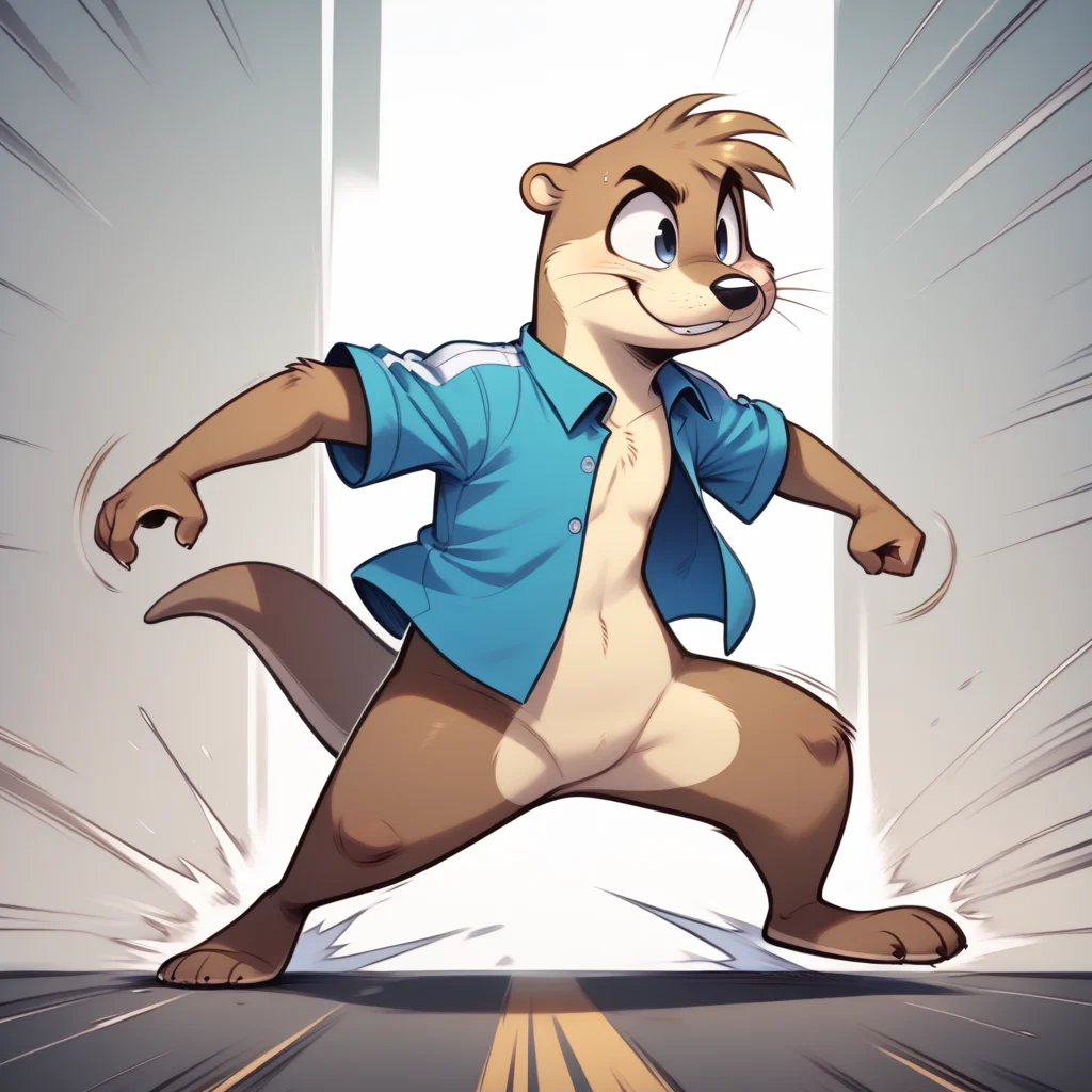 solo, anthro, toony, full body, otter, mustelid, side view, action pose, running, ambiguous gender, bottomless, open topwear, featureless crotch, speed lines, motion lines, <lora:gosdoq_1.0Pony:1> <lora:Pony_QualityV4.0:1>