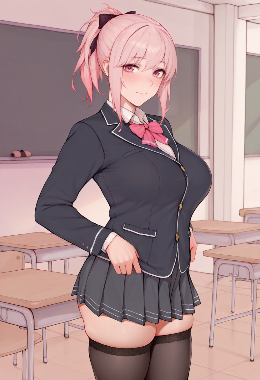 masterpiece, best quality, <lora:Laserflip-Rosaline:1> L4s3rfl1pR0s4l1n3,  1girl, solo,standing,looking at viewer, happy, closed mouth,pink hair, ponytail, pink eyes, large breasts, school uniform, bow, long sleeves, skirt, skindentation, thighhighs, indoors, classroom,