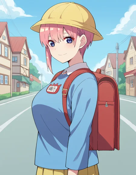score_9, score_8_up, score_7_up, source_anime, <lora:ichika-nakano-s2-ponyxl-lora-nochekaiser:1>, ichika nakano, short hair, bangs, blue eyes, hair between eyes, pink hair, pixie cut, large breasts, <lora:kindergarten-uniform-ponyxl-lora-nochekaiser:1> kindergarten uniform, school hat, yellow hat, randoseru, backpack, red bag, blue shirt, name tag, skirt, pleated skirt,, smile, street, houses, road, from side, looking at viewer, holding strap, cowboy shot,