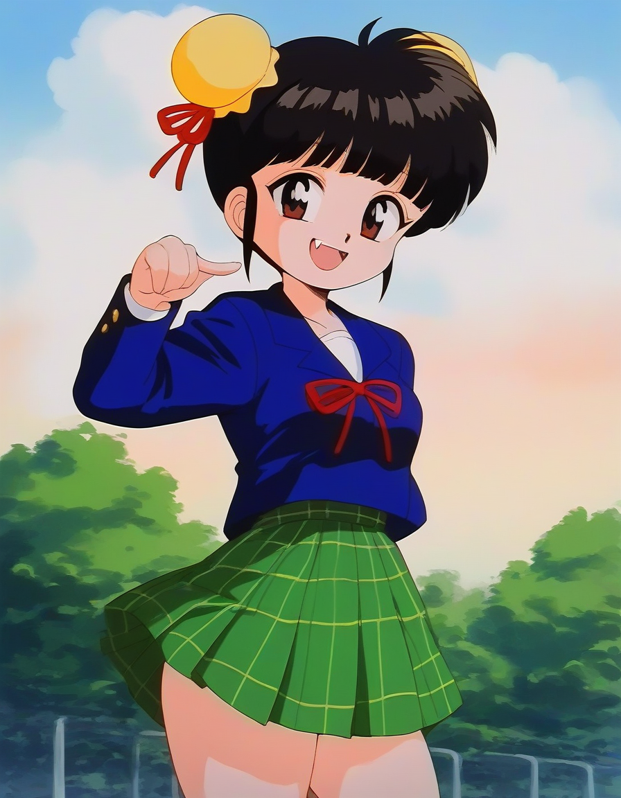 score_9, score_8_up, score_7_up, source_anime, rating_explicit, BREAK  <lora:Byouinji_Yunna_Anime_XL:1> ByouinjiYunna, short hair, bangs, black hair, brown eyes, short stack, solo, small breasts, 
1girl, solo, skirt, double bun, hair bun, fangs,  school uniform, smile, blue long sleeve, Yellow bun cover, green skirt,ãplaid skirt,
standing,
outdoor. day, sky,
