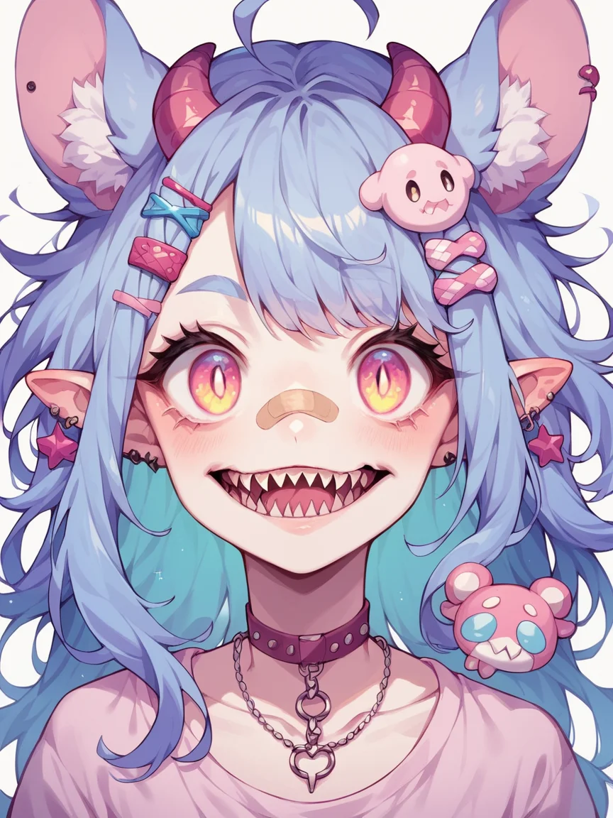 score_9, score_8_up, score_7_up, score_6_up, <lora:p4st3lg0r3XLP:1> p4st3lg0r3, 1girl, pastel,animal ears, bandaid, hair ornament, horns, sharp teeth,
