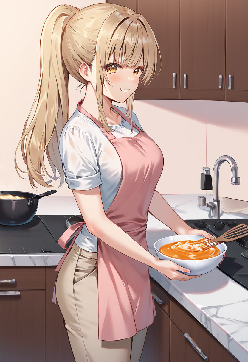 mahiru_shiina, blonde hair, long hair, yellow eyes, medium breasts,light brown pants, white shirt, short sleeves, pink apron, ponytail BREAK indoors, kitchen BREAK standing, smile, happy face, cooking, from side BREAK score_9, score_8_up, score_7_up, source_anime ,zPDXL, perfect hand , <lora:Mahiru_Shiina:0.8>