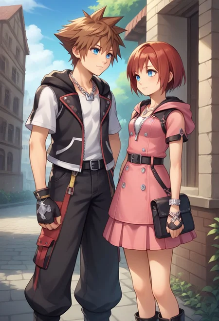 score_9, score_8_up, source_anime, highly detailed, 1girl, 1boy, upper body,
kairi, 1girl, blue eyes, zipper, jewelry, boots, dress, necklace, short hair, red hair, pink dress, zipper pull tab, pleated dress, short dress,
sora, fingerless gloves, 1boy, male focus, spiked hair, blue eyes, gloves, necklace, brown hair, hood, short sleeves,
outdoor, village,