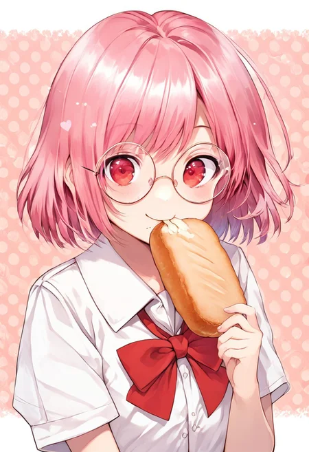score_9, score_8_up, score_8, score_7_up, 
1girl, solo,
pink hair, medium hair, medium bob hair, red eyes, (round glasses:1.1), school uniform, white shirt, short sleeves, red bowtie, dark skirt,
polka dots background, smile, eating, bread, loaf, eating, close shot, cute girl, looking at viewer, (cowboy shot:1.1),
cute, kawaii, hearts,