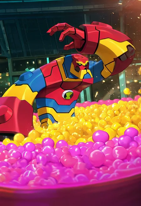 masterpiece, best quality, amazing quality, very aesthetic, absurdres, newest,, detailed background, 
 movie scene, cinematic scene, cinematic, 
bloxx, robot, mecha, solo, armor, green eyes,, massive arms, upper body, , big head, massive head, short legs, 
ball pit, colorful arcade, dynamic pose, jumping