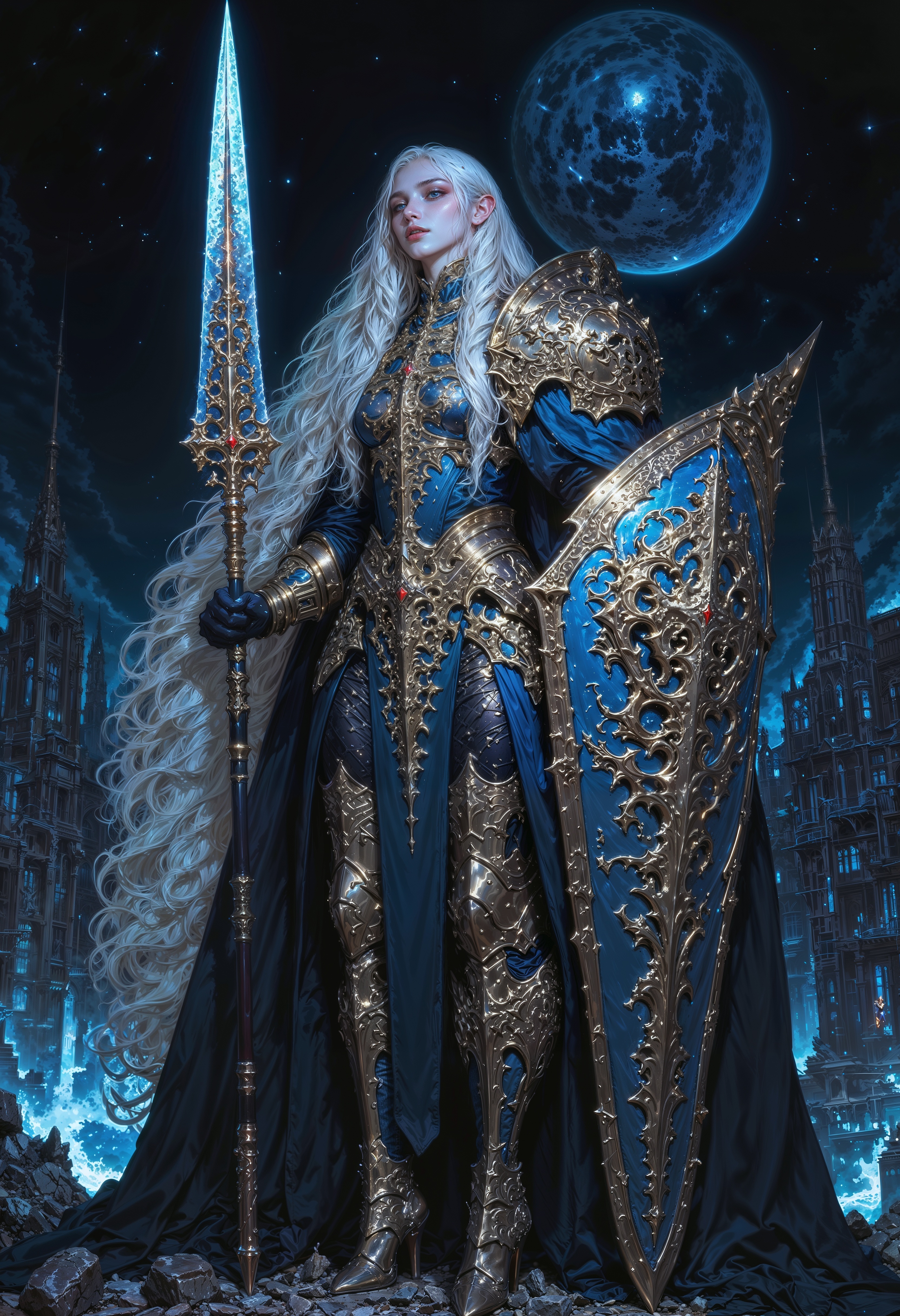 a powerful female warrior standing in an imposing pose. She has long, flowing white hair and pale skin, with a determined expression. Her armor is intricately designed with ornate blue and silver patterns, covering her torso and limbs. She holds a large, glowing blue sword in her right hand and a massive shield in her left, both adorned with elaborate designs. The background showcases a futuristic cityscape under a starry sky, with a large planet visible above. The overall color scheme is dominated by shades of blue and silver, creating a mystical and otherworldly atmosphere. oil-painting, romanticism, painting, elegance, opulence, beautiful, painterly, detailed, textural, artistic, aesthetic, intricate details, highly detailed,