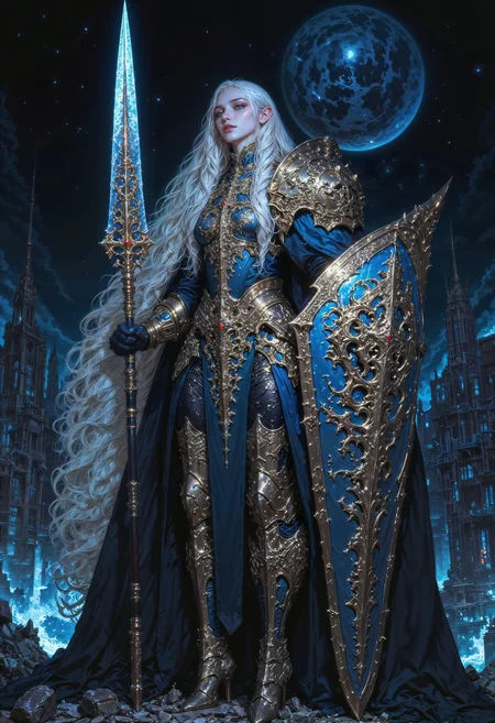 a powerful female warrior standing in an imposing pose. She has long, flowing white hair and pale skin, with a determined expression. Her armor is intricately designed with ornate blue and silver patterns, covering her torso and limbs. She holds a large, glowing blue sword in her right hand and a massive shield in her left, both adorned with elaborate designs. The background showcases a futuristic cityscape under a starry sky, with a large planet visible above. The overall color scheme is dominated by shades of blue and silver, creating a mystical and otherworldly atmosphere. oil-painting, romanticism, painting, elegance, opulence, beautiful, painterly, detailed, textural, artistic, aesthetic, intricate details, highly detailed,