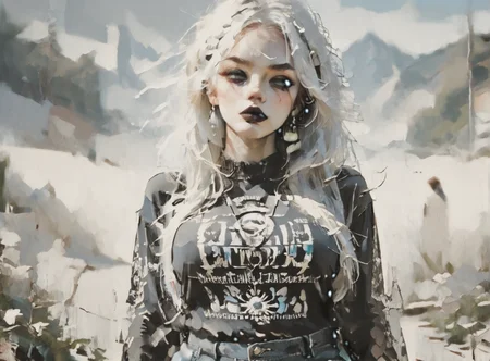 score_9, score_8_up, score_7_up, character portrait, angled, woman, pale skin, huge breasts, <lora:sm0k3XLP:1>, <lora:goth_clothes:1>, goth casual clothes, jewelry, black stockings, black shorts, Long white hair, young face, <lora:ekho:1>, <lora:OilpaintIMP:1> 0cmtr1g, 0cm, 0cm1sc, 4rch,